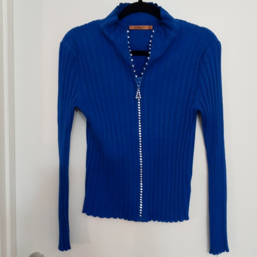 Women's Belldini Sweater/Top Blue Faux Rhinestone Accented Zipper L